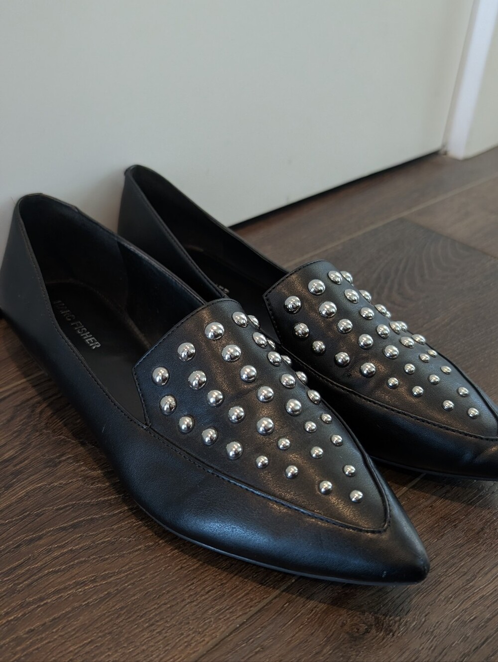 Marc Fisher Black Pointed Toe Silver Studded Flats